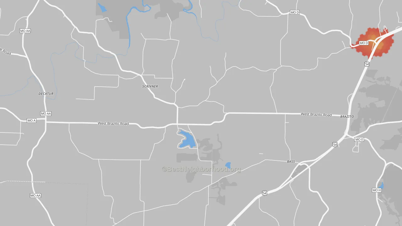 Walk Grade map of Scrivner, MO, walkable areas in green and car-dependent areas in red