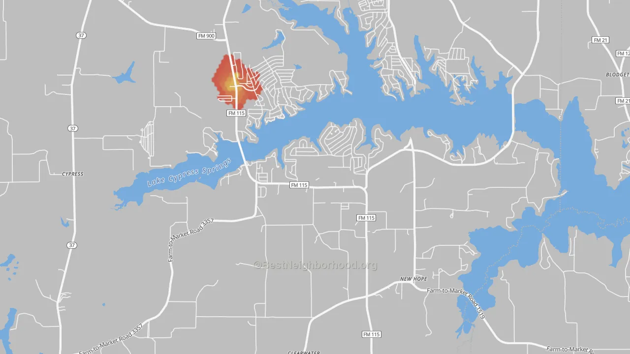 Walk Grade map of Scroggins, TX, walkable areas in green and car-dependent areas in red