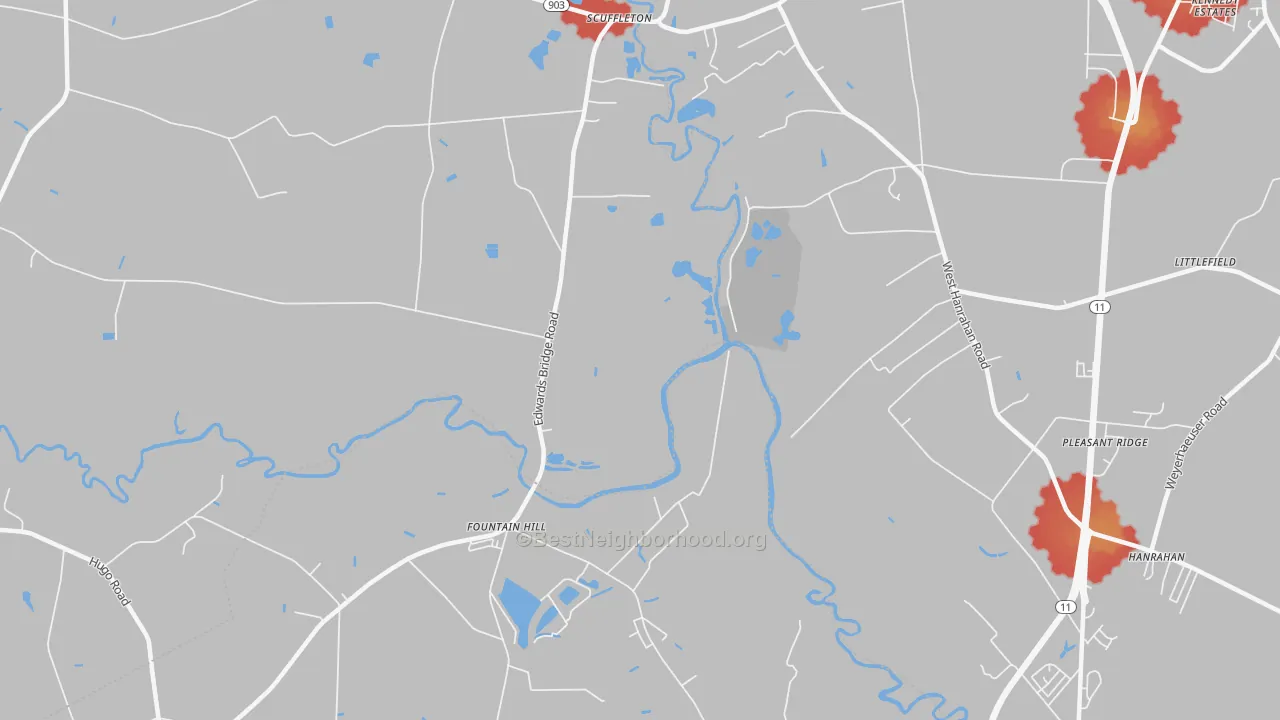 Walk Grade map of Scuffleton, NC, walkable areas in green and car-dependent areas in red