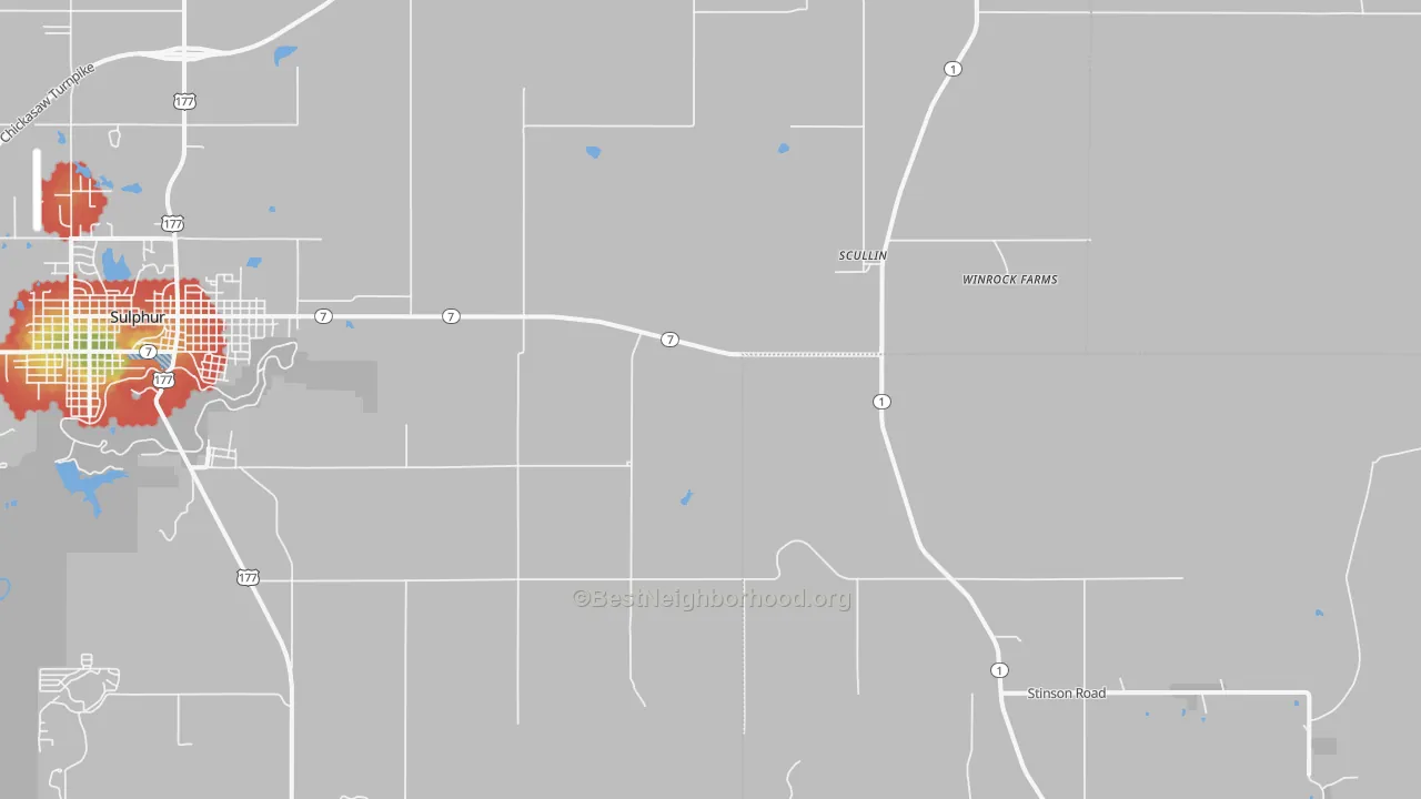 Walk Grade map of Scullin, OK, walkable areas in green and car-dependent areas in red