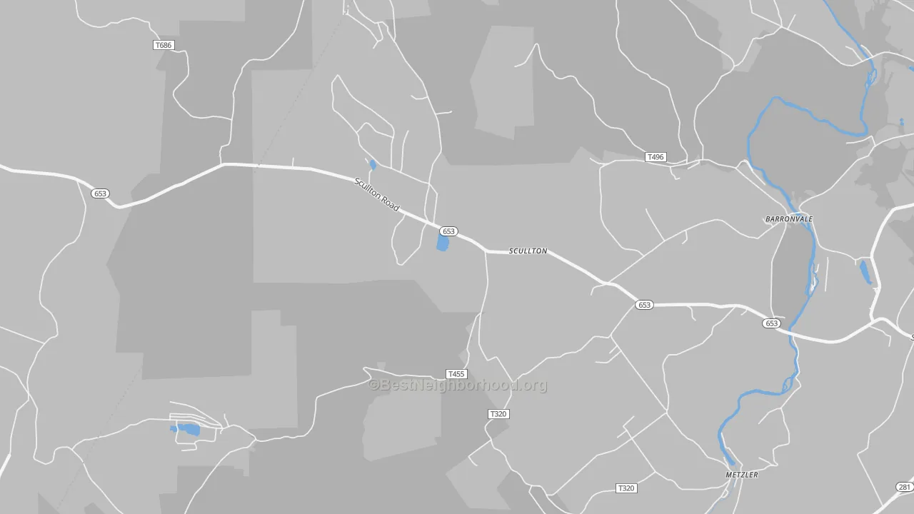 Walk Grade map of Scullton, PA, walkable areas in green and car-dependent areas in red