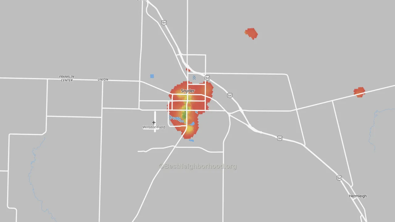 Walk Grade map of Scurry County, TX, walkable areas in green and car-dependent areas in red