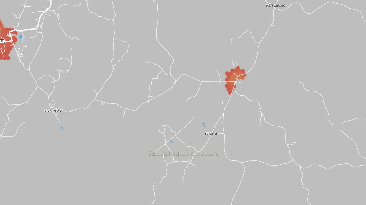 Walk Grade map of Scyrene, AL, walkable areas in green and car-dependent areas in red