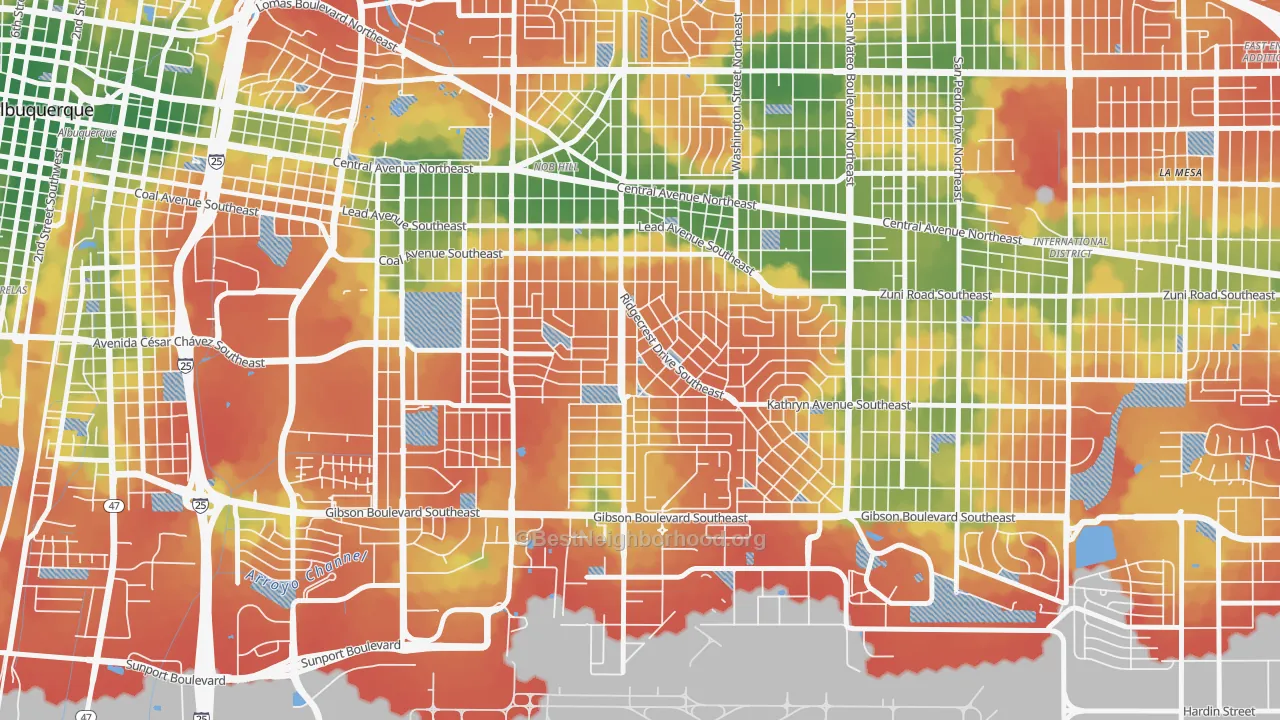 Walk Grade map of Se Heights, Albuquerque, NM, walkable areas in green and car-dependent areas in red