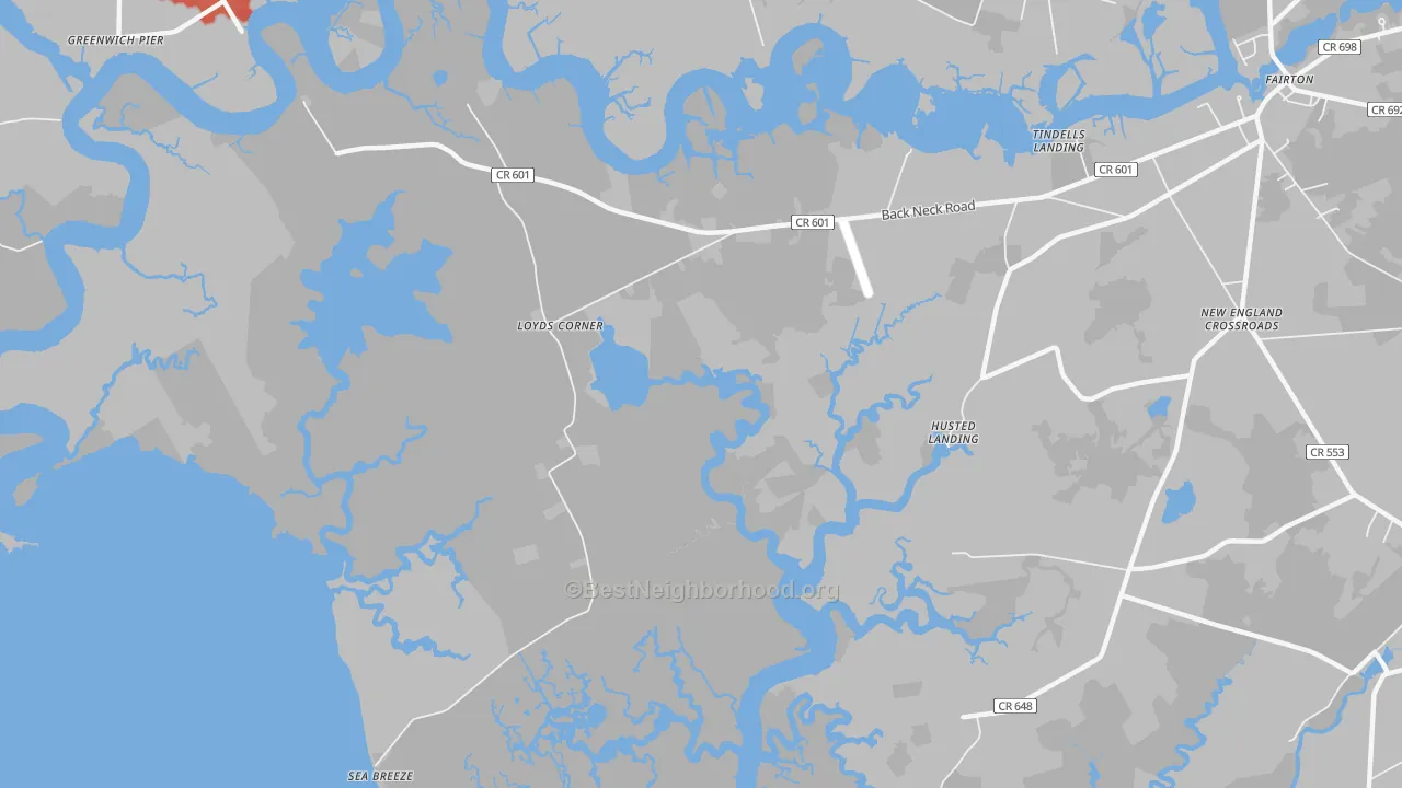 Walk Grade map of Sea Breeze, NJ, walkable areas in green and car-dependent areas in red