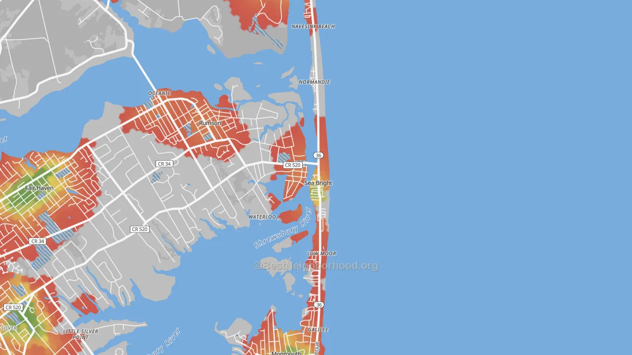 Walk Grade map of Sea Bright, NJ, walkable areas in green and car-dependent areas in red