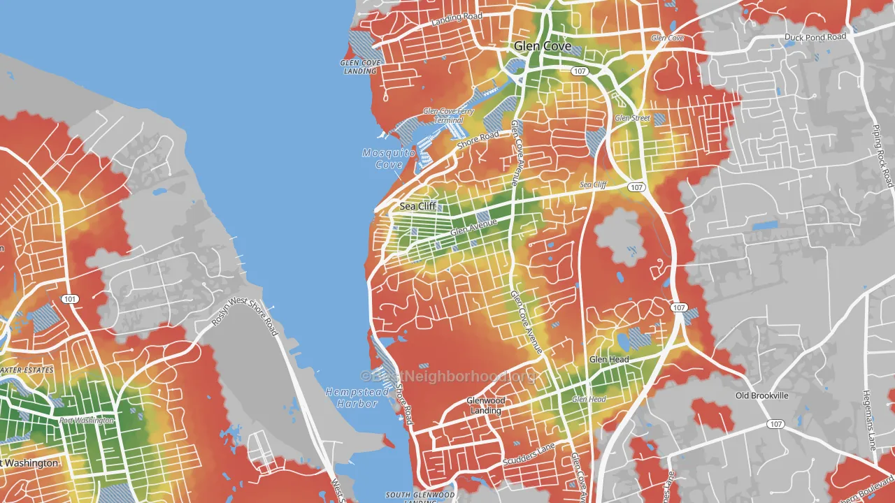 Walk Grade map of Sea Cliff, NY, walkable areas in green and car-dependent areas in red