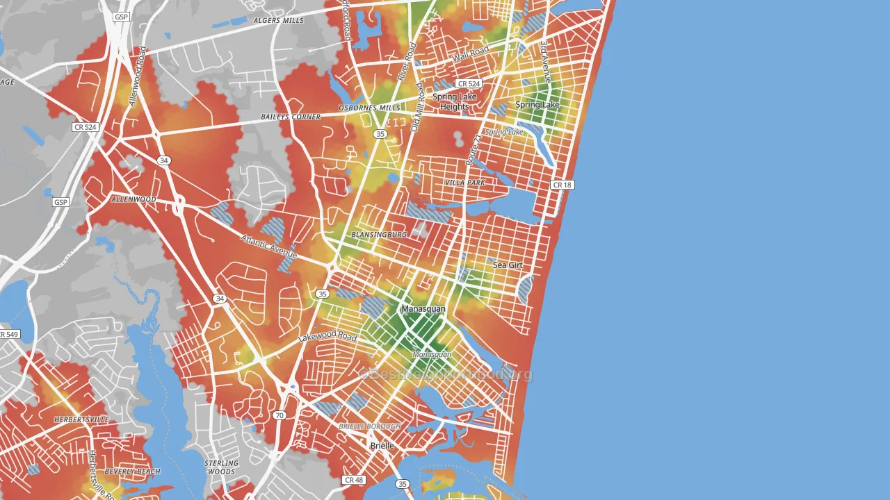 Walk Grade map of Sea Girt, NJ, walkable areas in green and car-dependent areas in red