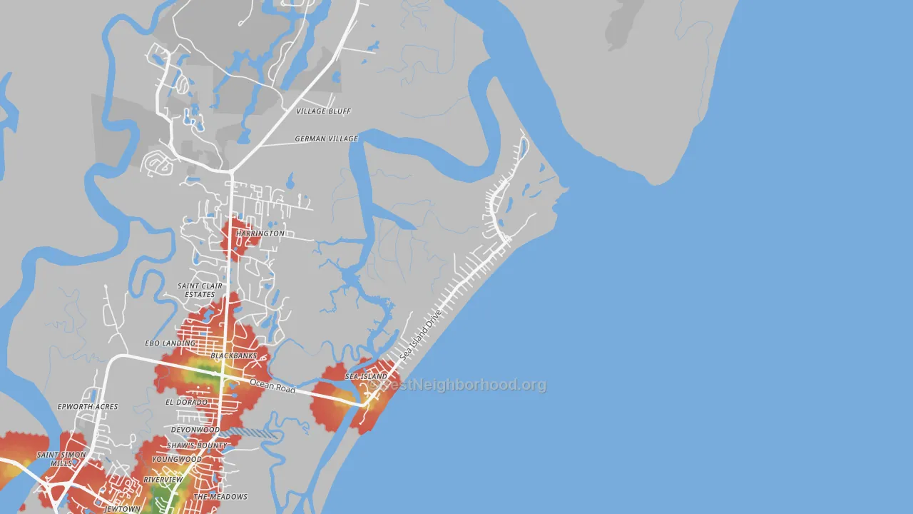 Walk Grade map of Sea Island, GA, walkable areas in green and car-dependent areas in red