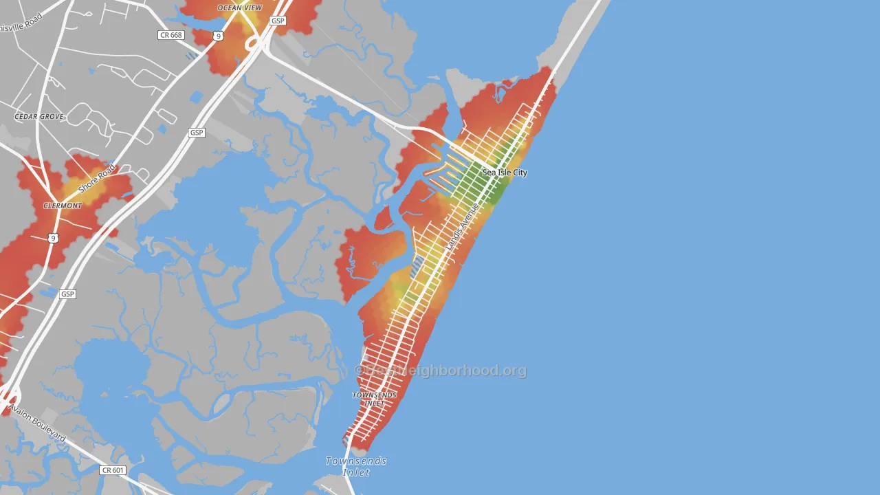 Walk Grade map of Sea Isle City, NJ, walkable areas in green and car-dependent areas in red