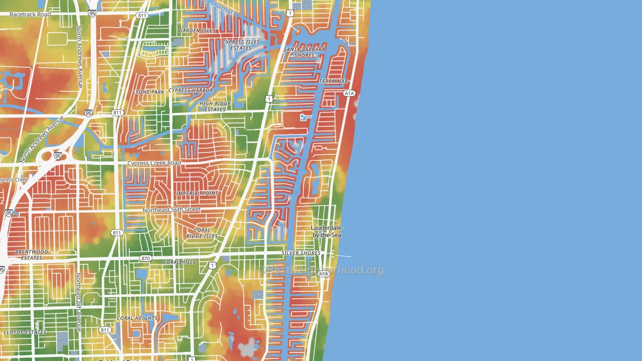 Walk Grade map of Sea Ranch Lakes, FL, walkable areas in green and car-dependent areas in red