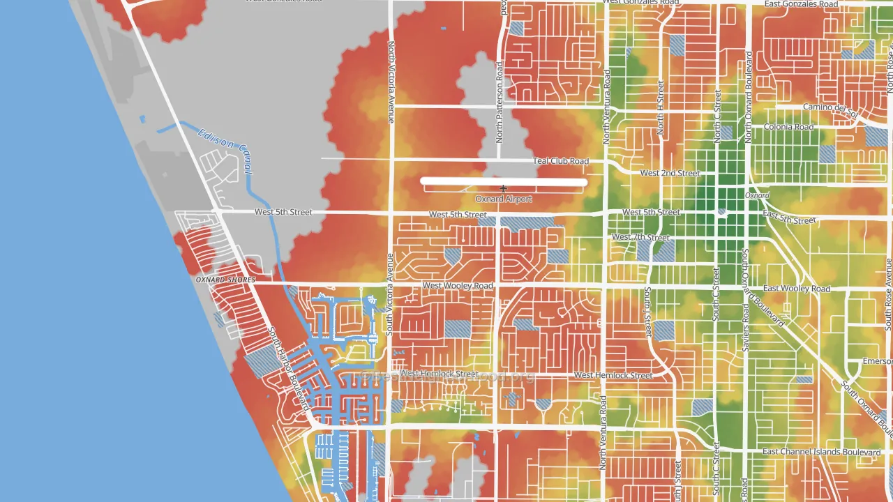 Walk Grade map of Sea View Estates, Oxnard, CA, walkable areas in green and car-dependent areas in red