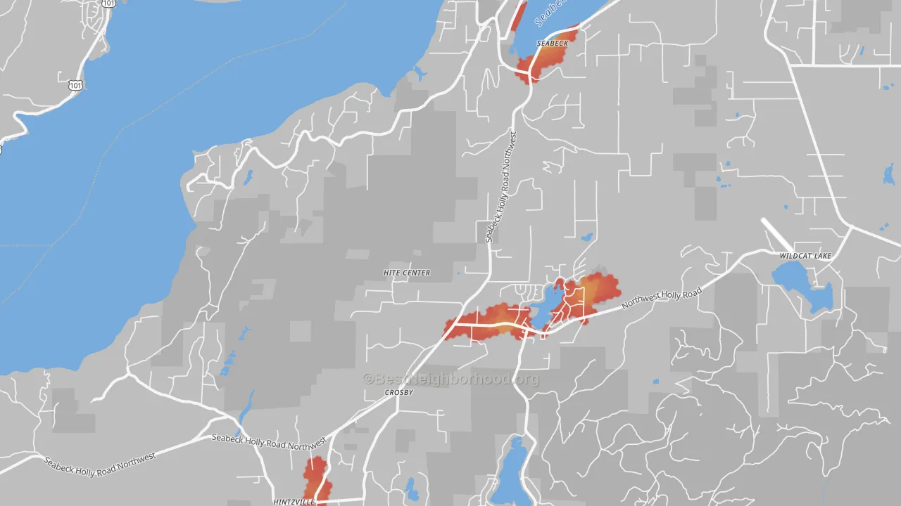 Walk Grade map of Seabeck, WA, walkable areas in green and car-dependent areas in red