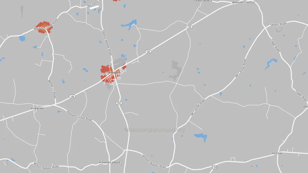Walk Grade map of Seaboard, NC, walkable areas in green and car-dependent areas in red
