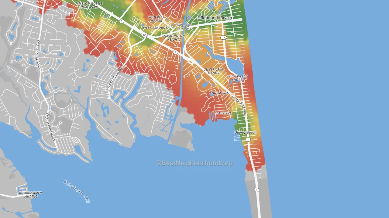 Walk Grade map of Seabreeze, DE, walkable areas in green and car-dependent areas in red