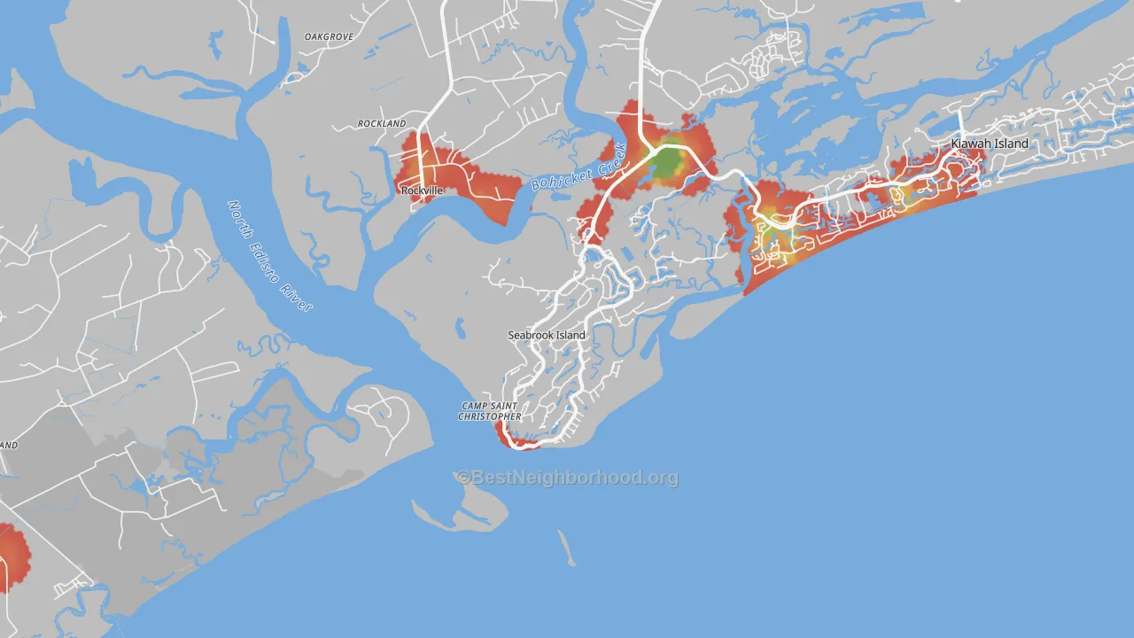 Walk Grade map of Seabrook Island, SC, walkable areas in green and car-dependent areas in red