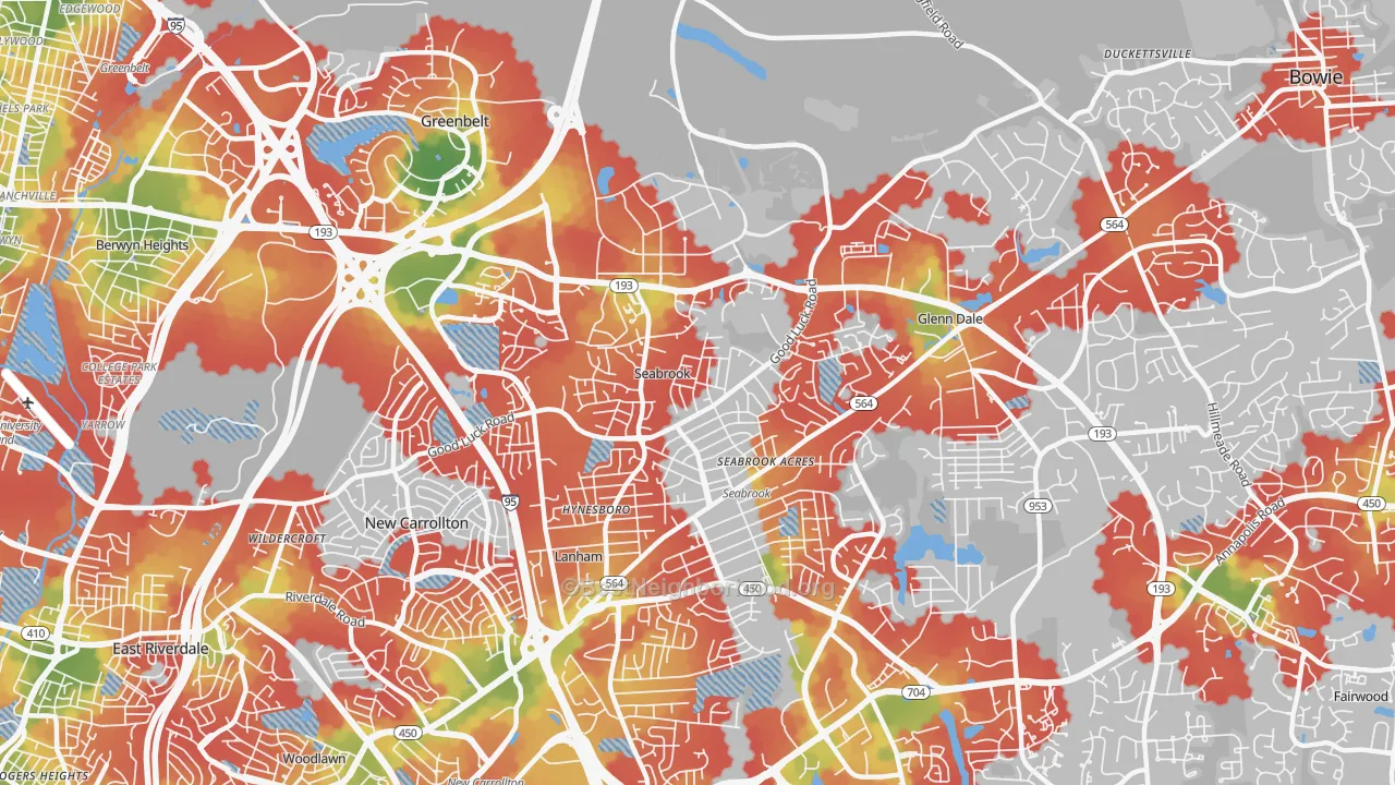 Walk Grade map of Seabrook, MD, walkable areas in green and car-dependent areas in red