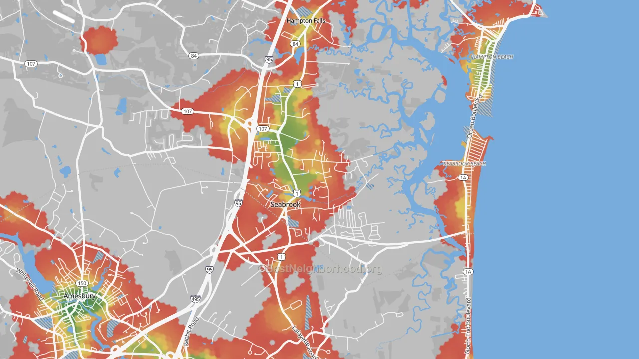 Walk Grade map of Seabrook, NH, walkable areas in green and car-dependent areas in red