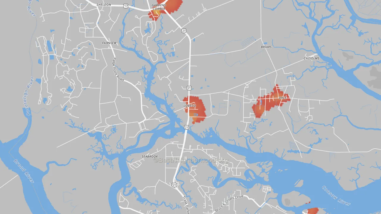 Walk Grade map of Seabrook, SC, walkable areas in green and car-dependent areas in red