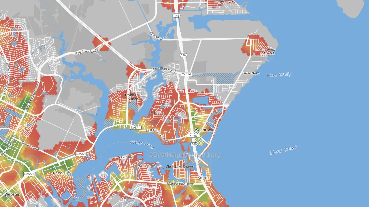 Walk Grade map of Seabrook, TX, walkable areas in green and car-dependent areas in red