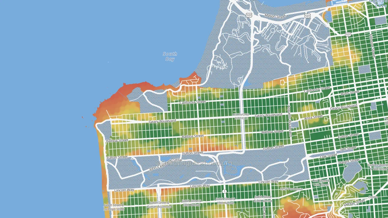 Walk Grade map of Seacliff, San Francisco, CA, walkable areas in green and car-dependent areas in red