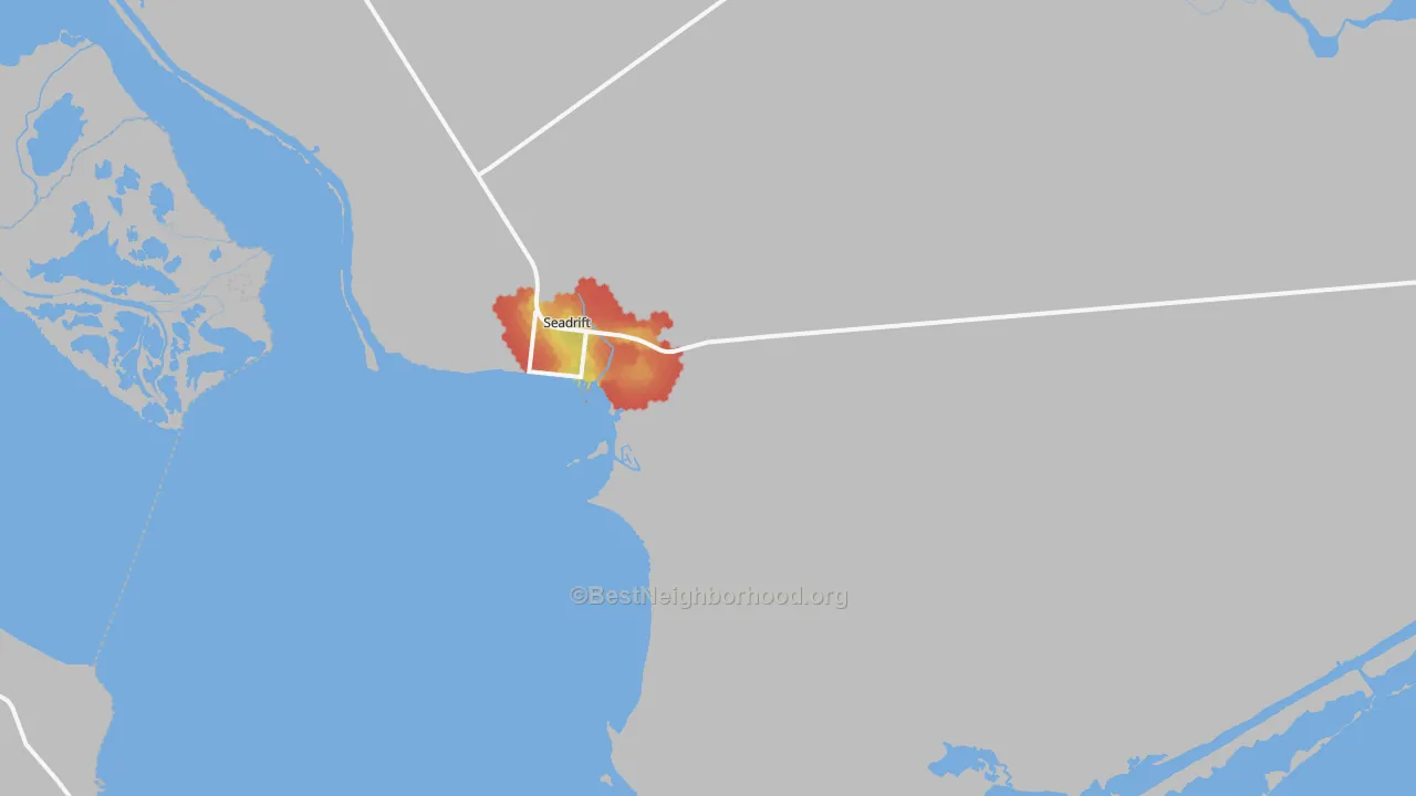 Walk Grade map of Seadrift, TX, walkable areas in green and car-dependent areas in red