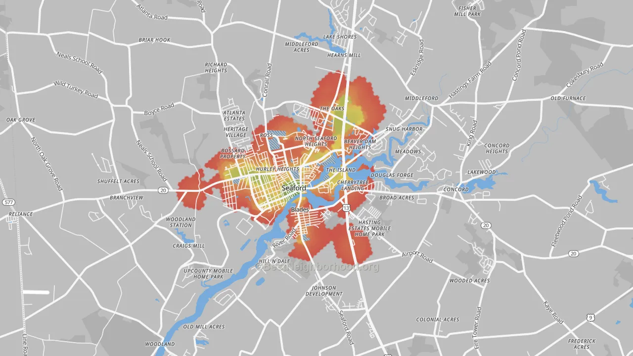 Walk Grade map of Seaford, DE, walkable areas in green and car-dependent areas in red