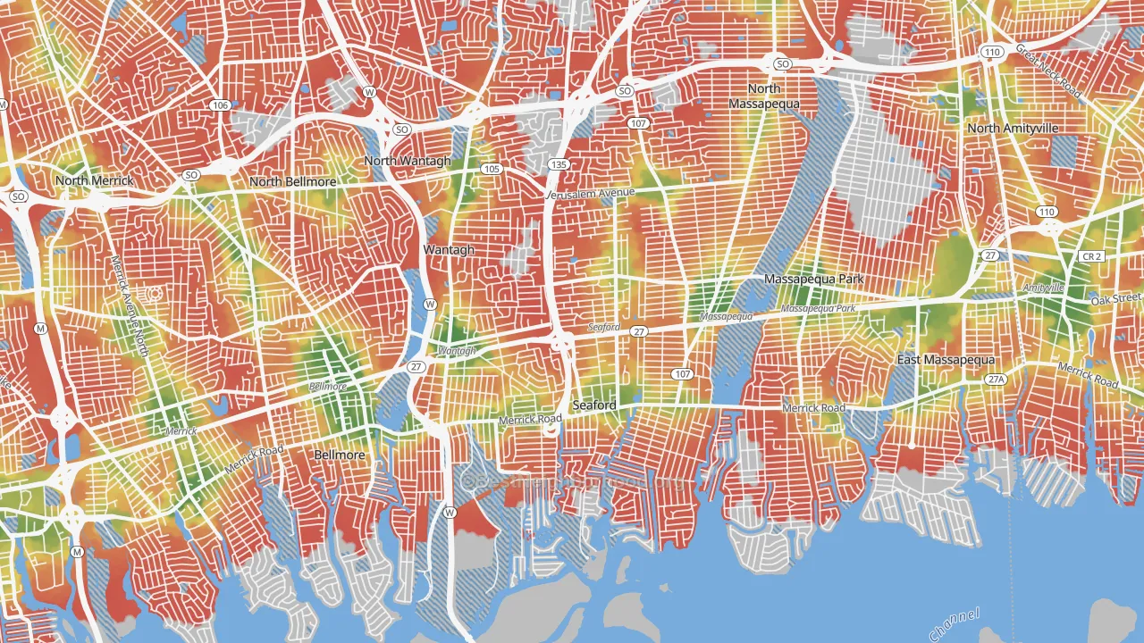 Walk Grade map of Seaford, NY, walkable areas in green and car-dependent areas in red
