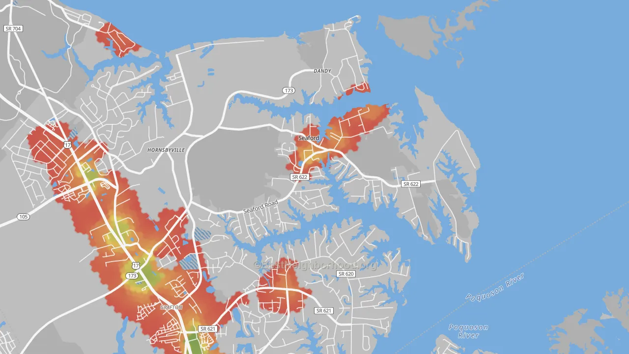 Walk Grade map of Seaford, VA, walkable areas in green and car-dependent areas in red