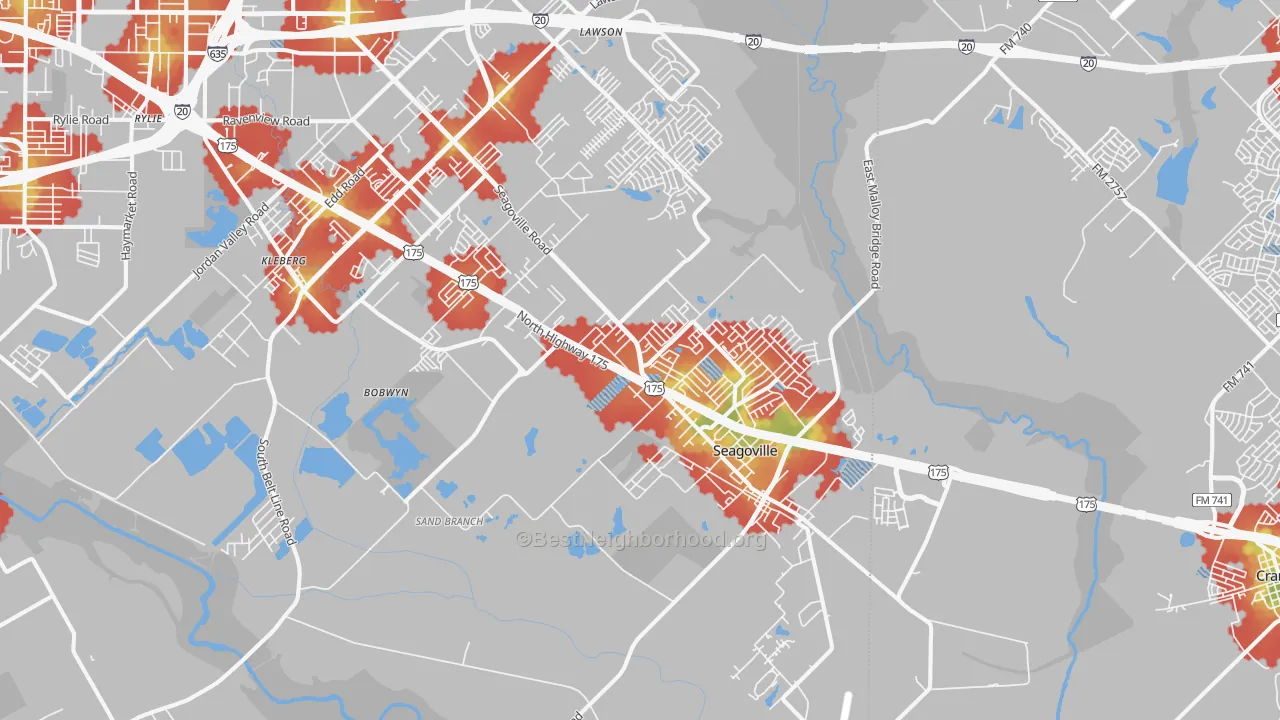 Walk Grade map of Seagoville, TX, walkable areas in green and car-dependent areas in red
