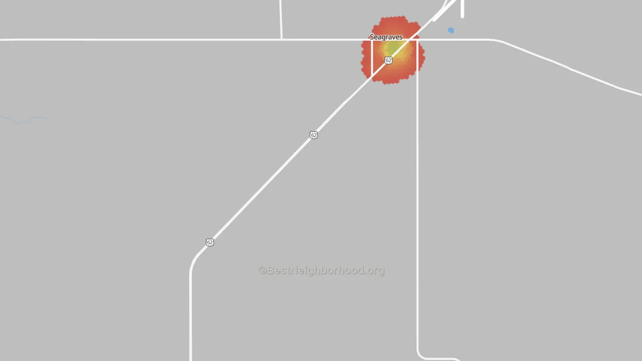 Walk Grade map of Seagraves, TX, walkable areas in green and car-dependent areas in red