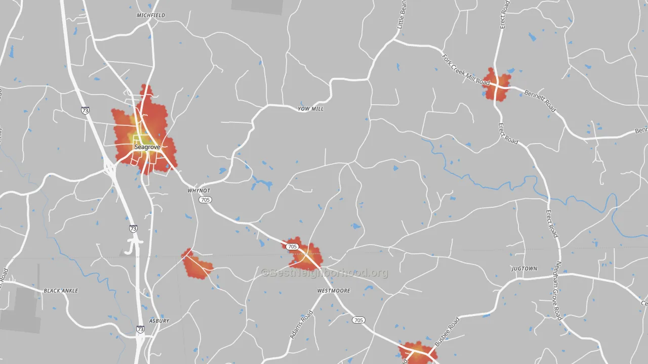 Walk Grade map of Seagrove, NC, walkable areas in green and car-dependent areas in red