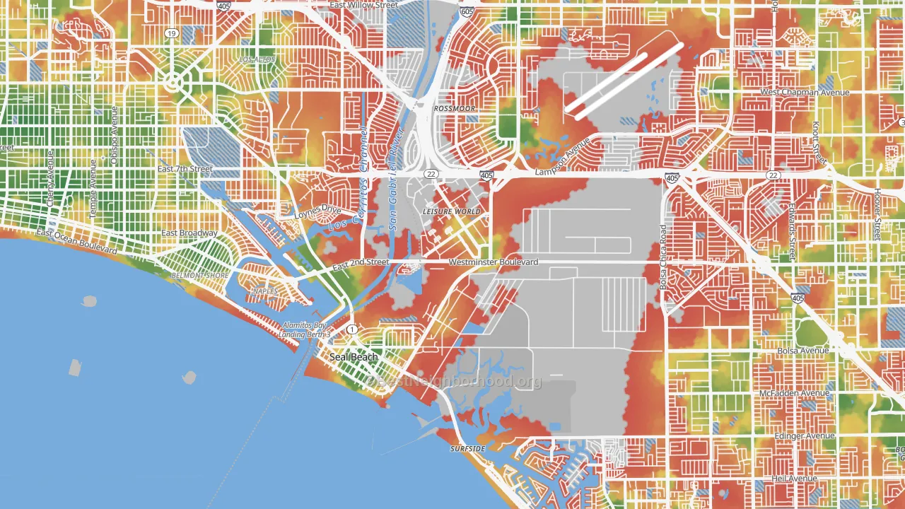 Walk Grade map of Seal Beach, CA, walkable areas in green and car-dependent areas in red
