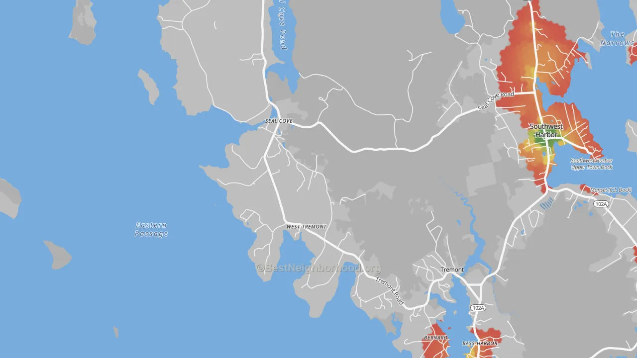 Walk Grade map of Seal Cove, ME, walkable areas in green and car-dependent areas in red