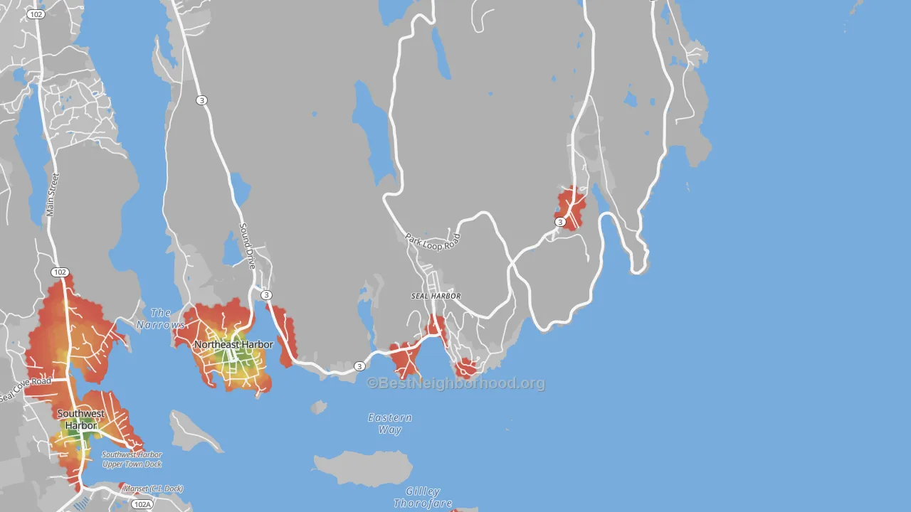 Walk Grade map of Seal Harbor, ME, walkable areas in green and car-dependent areas in red