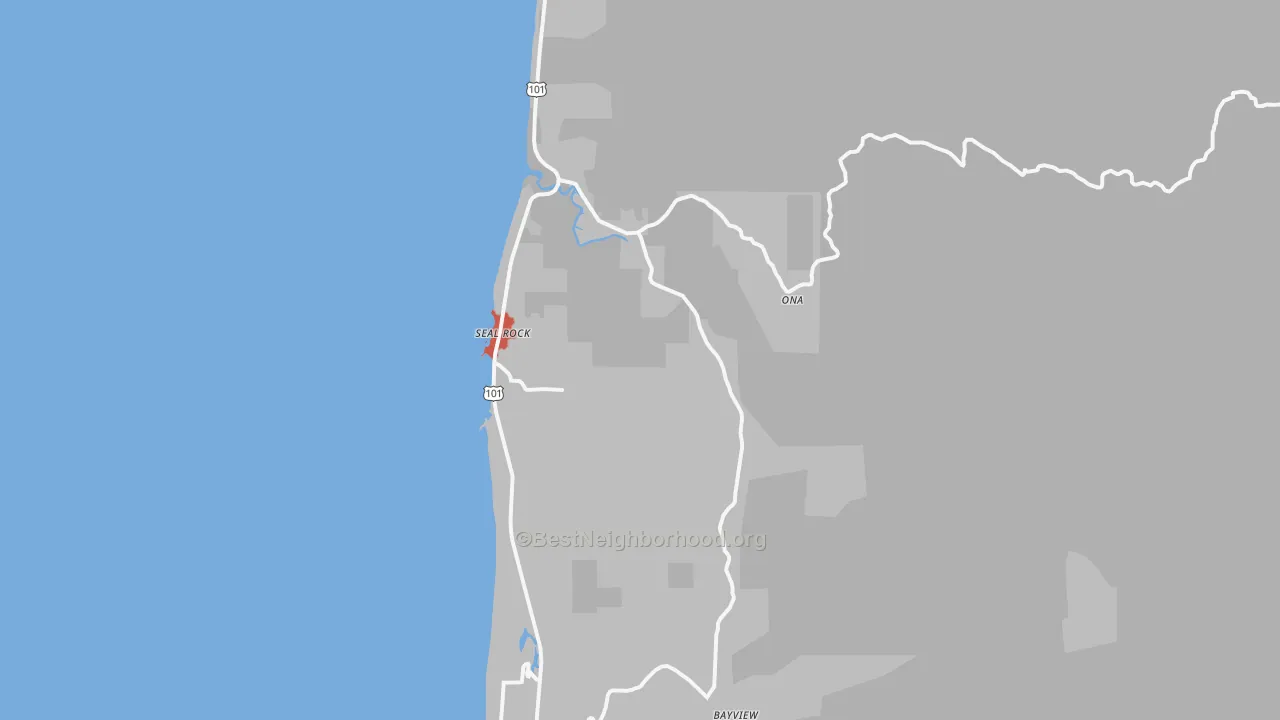 Walk Grade map of Seal Rock, OR, walkable areas in green and car-dependent areas in red