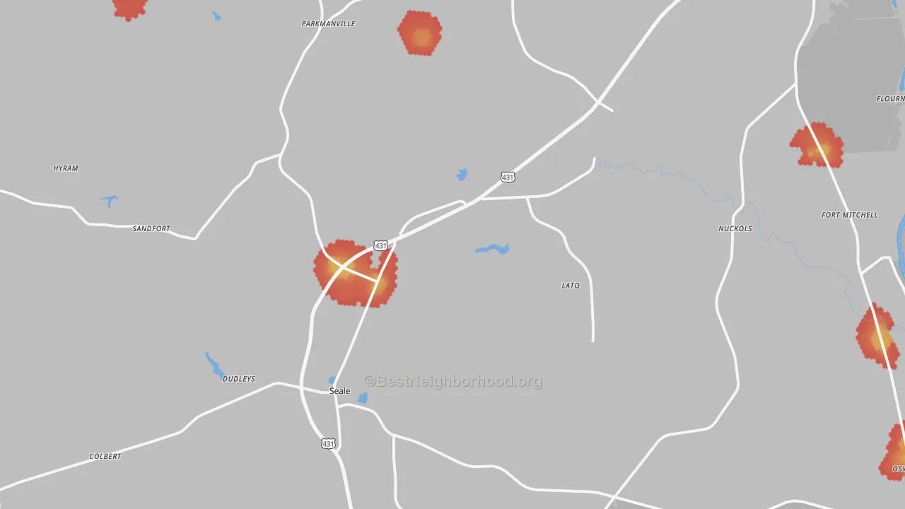 Walk Grade map of Seale, AL, walkable areas in green and car-dependent areas in red