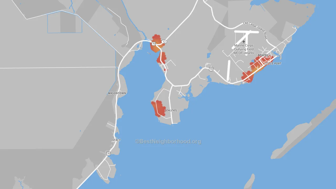 Walk Grade map of Sealevel, NC, walkable areas in green and car-dependent areas in red