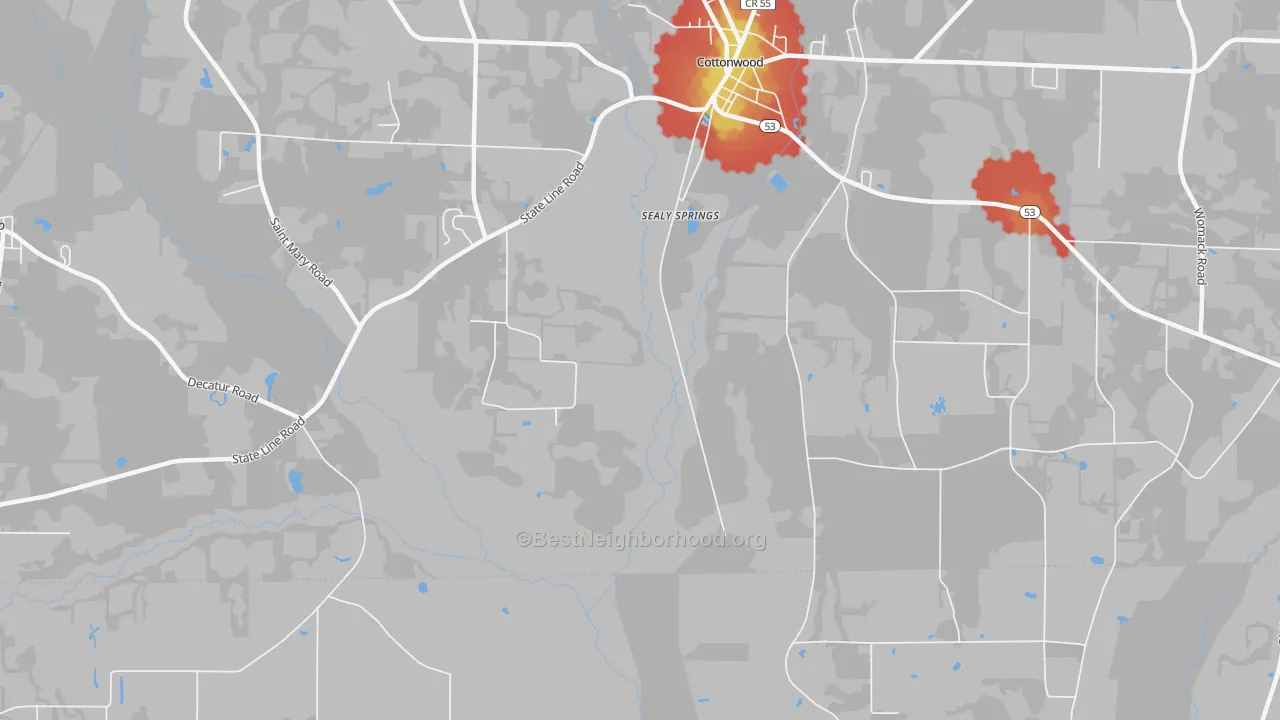 Walk Grade map of Sealy Springs, AL, walkable areas in green and car-dependent areas in red