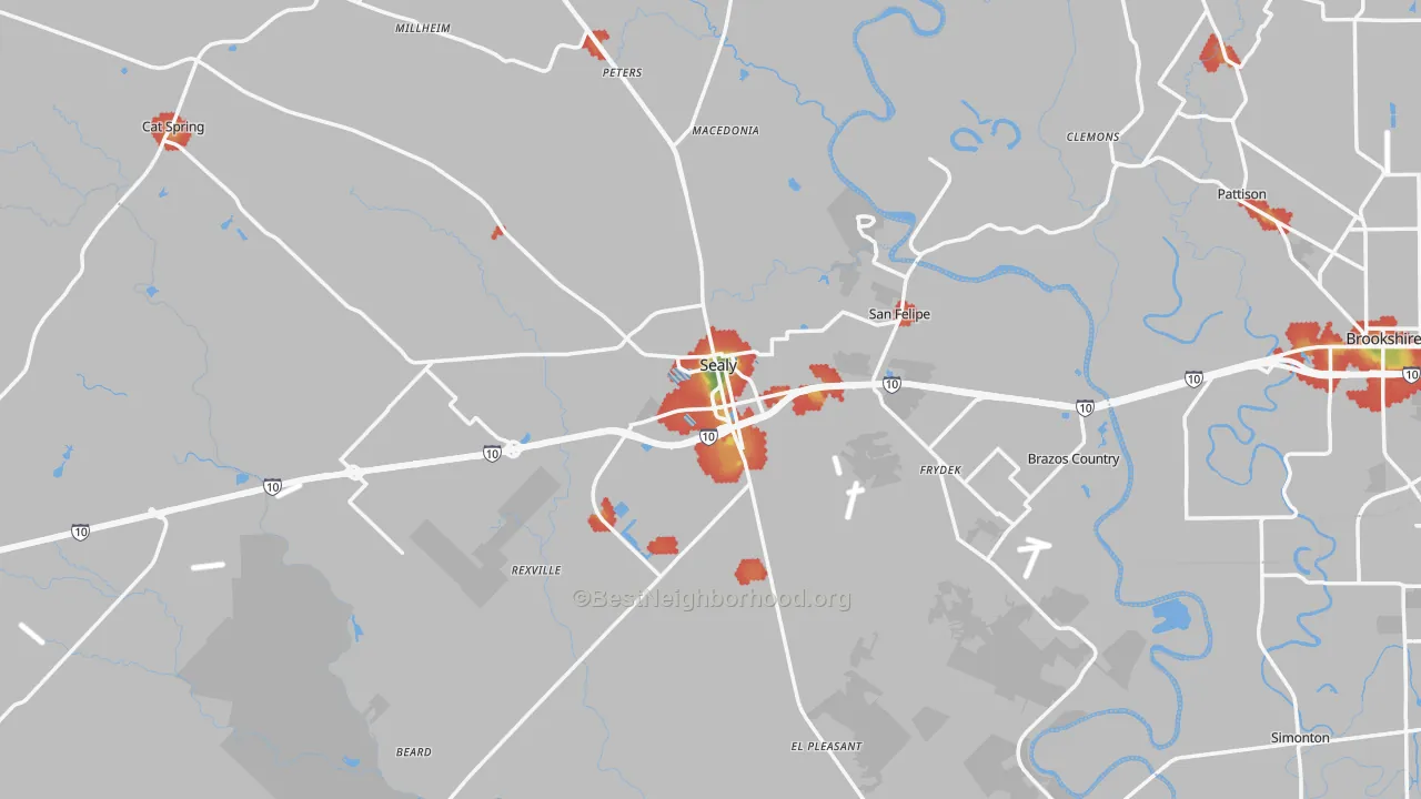 Walk Grade map of Sealy, TX, walkable areas in green and car-dependent areas in red