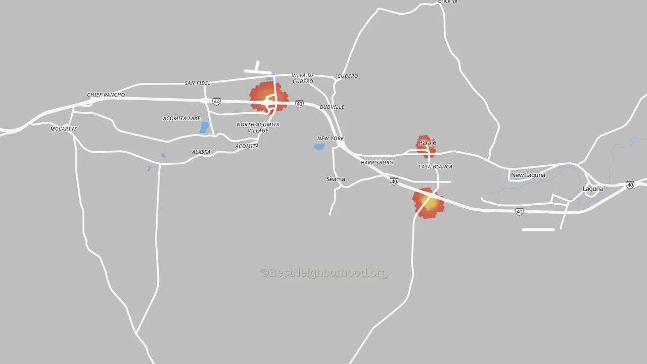 Walk Grade map of Seama, NM, walkable areas in green and car-dependent areas in red