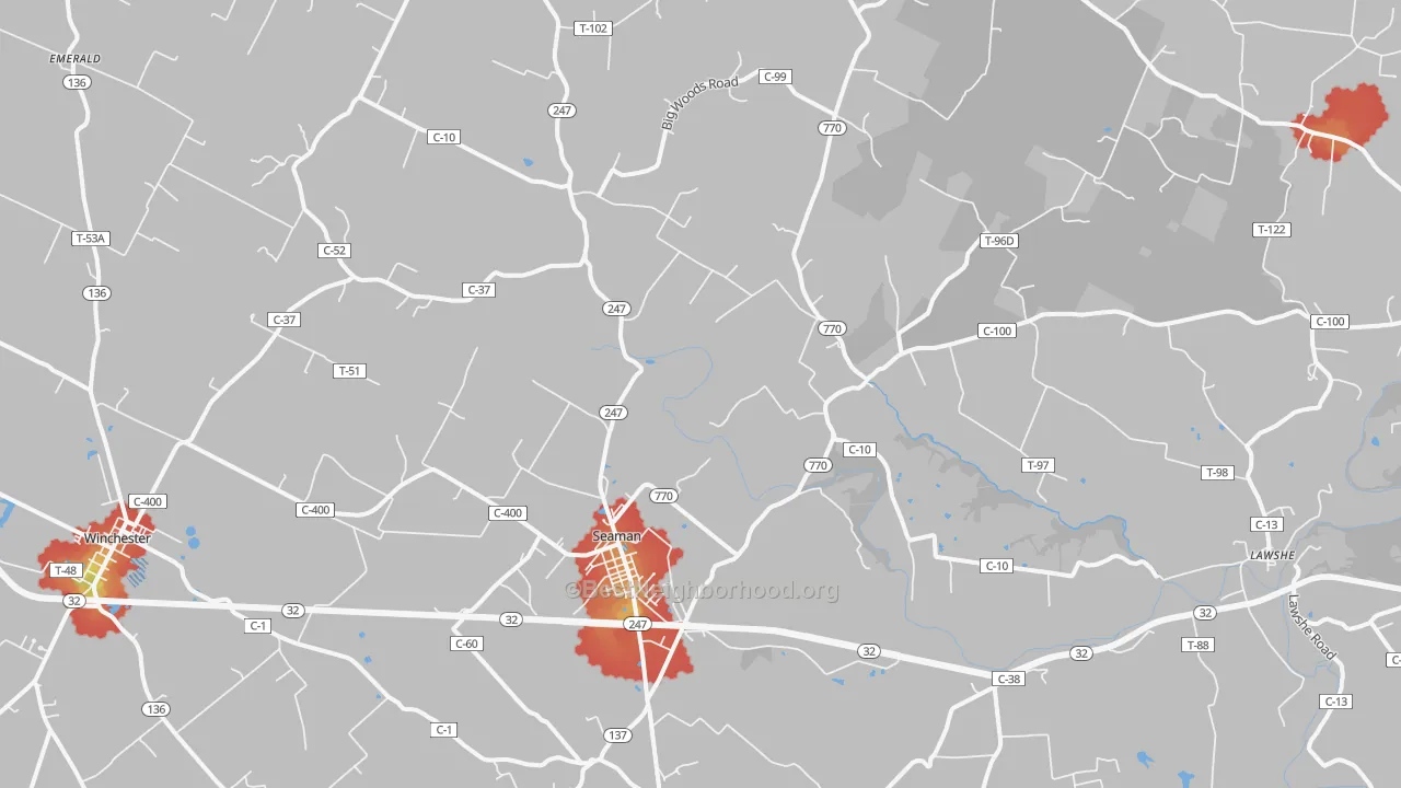Walk Grade map of Seaman, OH, walkable areas in green and car-dependent areas in red