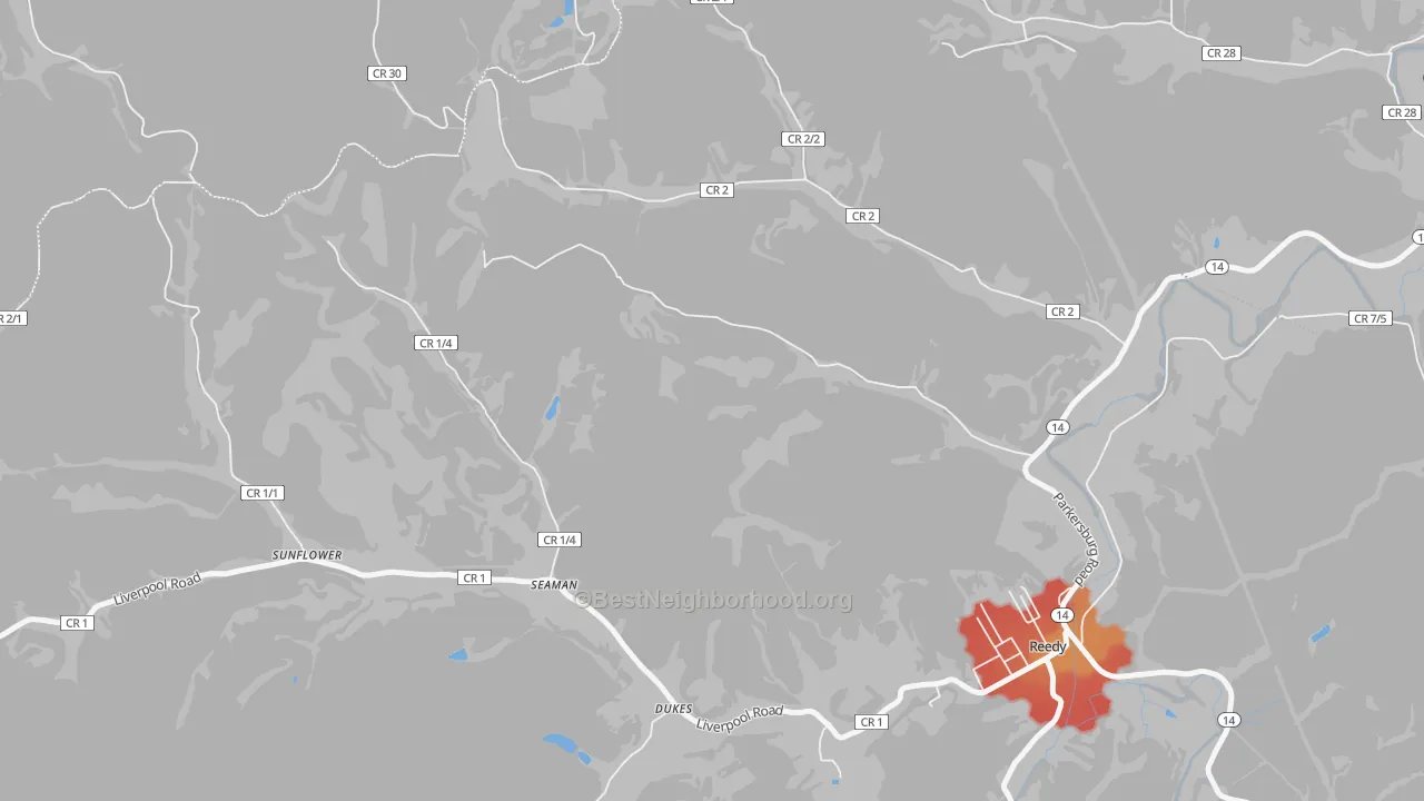 Walk Grade map of Seaman, WV, walkable areas in green and car-dependent areas in red