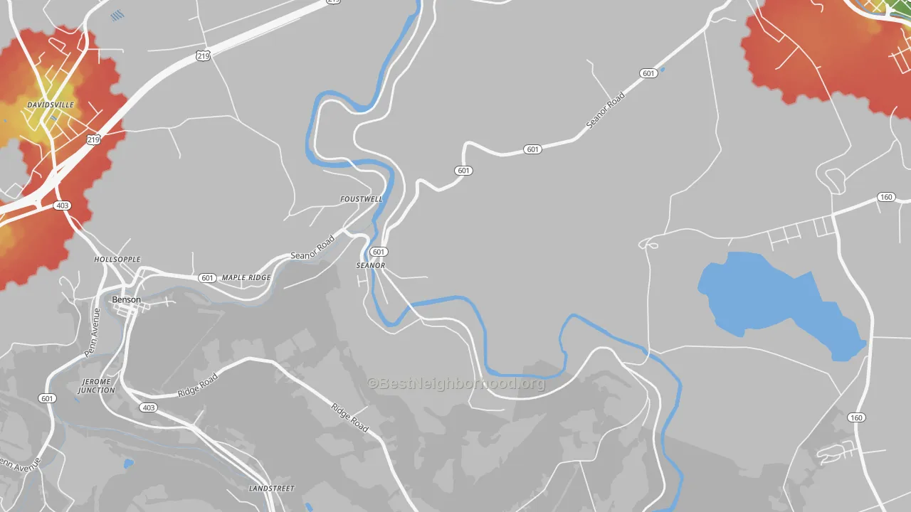 Walk Grade map of Seanor, PA, walkable areas in green and car-dependent areas in red