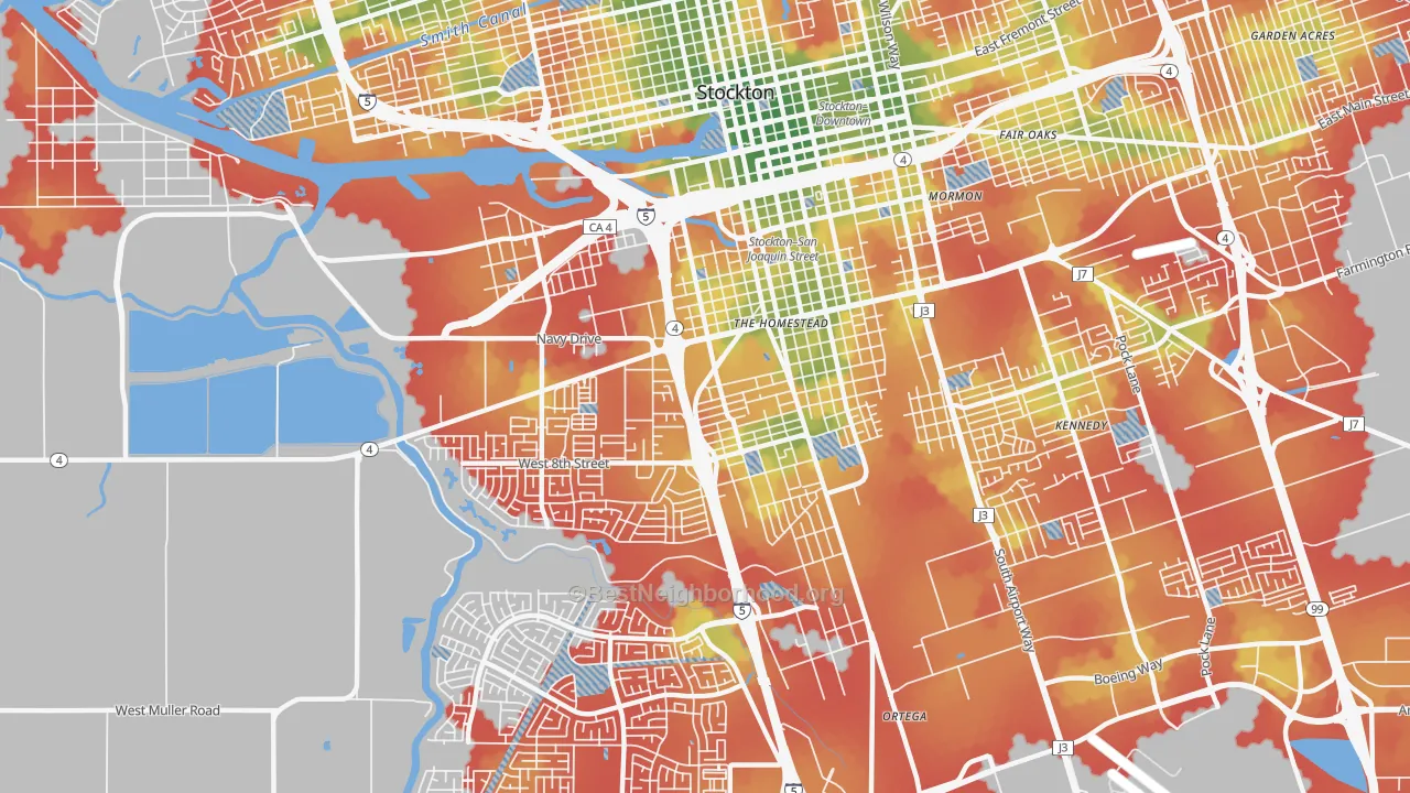 Walk Grade map of Seaport, Stockton, CA, walkable areas in green and car-dependent areas in red