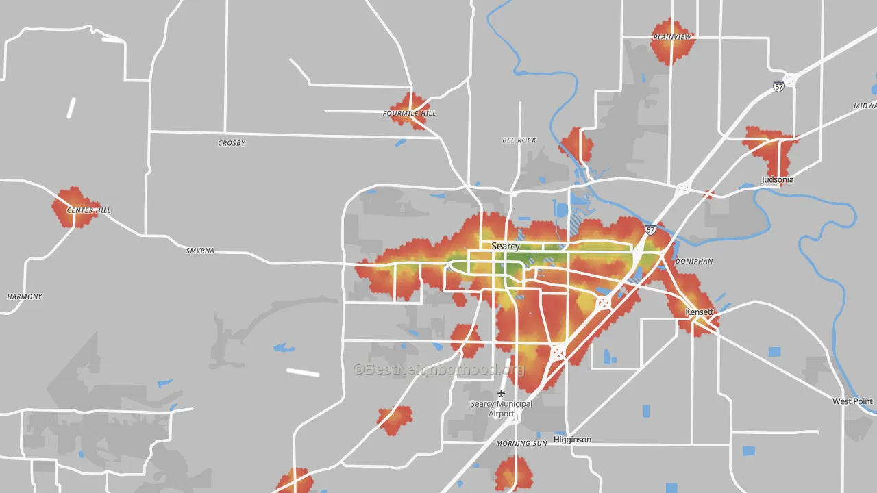 Walk Grade map of Searcy, AR, walkable areas in green and car-dependent areas in red