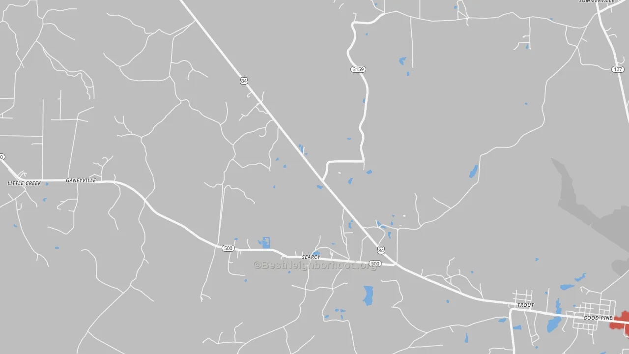 Walk Grade map of Searcy, LA, walkable areas in green and car-dependent areas in red