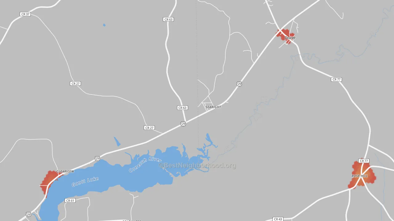 Walk Grade map of Searight, AL, walkable areas in green and car-dependent areas in red