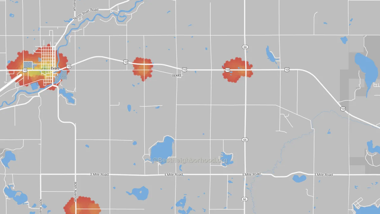 Walk Grade map of Sears, MI, walkable areas in green and car-dependent areas in red