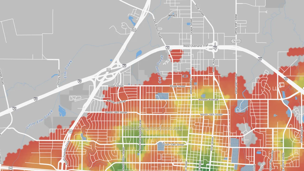 Walk Grade map of Sears Park Area, Abilene, TX, walkable areas in green and car-dependent areas in red